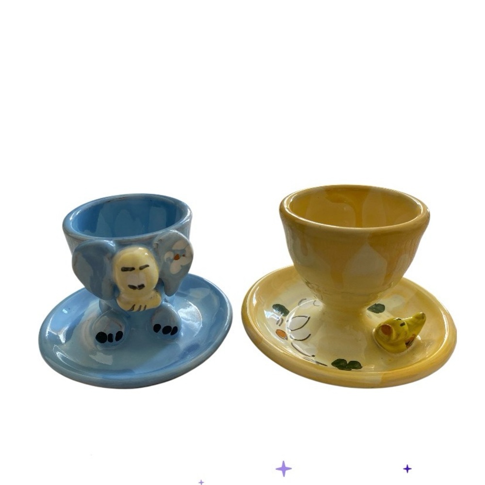 Set of 2 Vintage Redware Egg Cup with duck and elephant Hand Painted